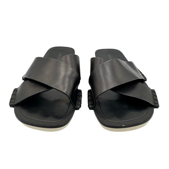 Vince Nico Black Leather Exposed Stitching Straps Open Toe Slip On Flat Sandals - Picture 4 of 9